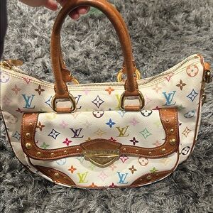 Louis Vuitton White Multicolor Monogram Satchel with Brown Leather Trim